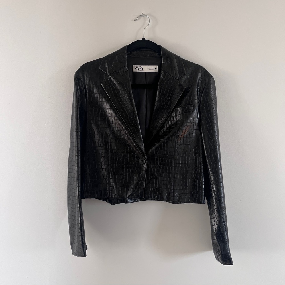 Zara black faux leather crocodile blazer
